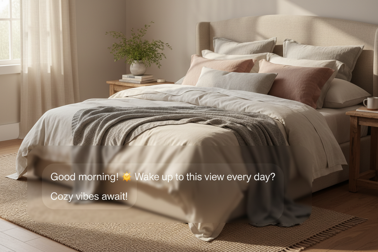Bed with transparent message overlay